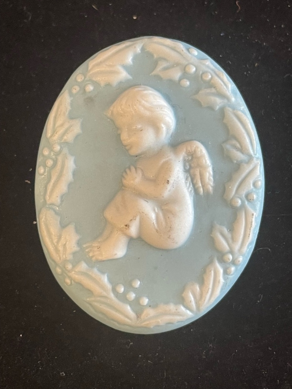 Vintage Ceramic Blue & White Child Angel Cameo Pin Brooch. Signed DK